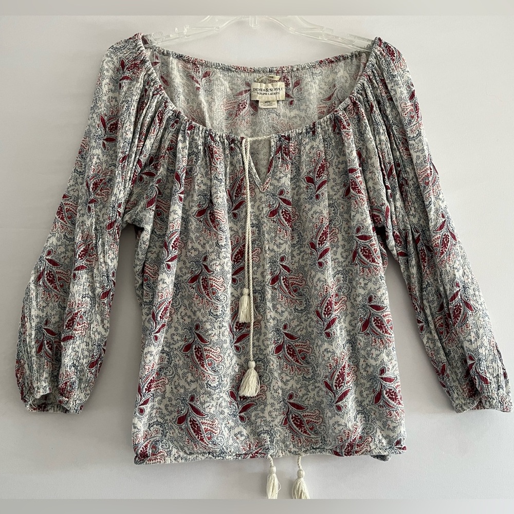 Denim & Supply Ralph Lauren Boho Paisley Tassel Blouse Cowgirl Peasant Top